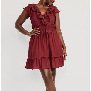 Old Navy 2x Mini Dress Red Fit N Flare Romantic Ruffle Cowgirl 100% Viscose